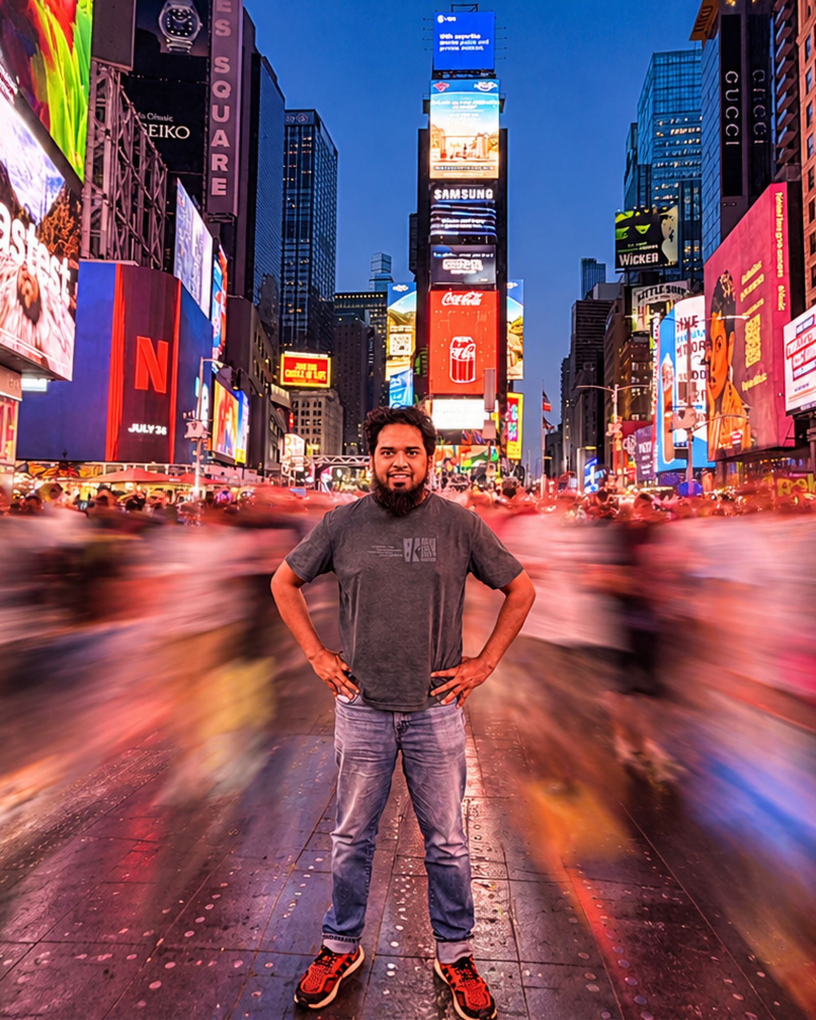 Affan standing with his hands on his hips in Times Square at dusk, the crowd a blur of light around him